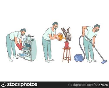 The man does household chores, cooks food in the oven, waters the plants and vacuums the floor. Responsible husband doing housework. Comic cartoon pop art retro vector illustration hand drawing. The man does household chores, cooks food in the oven, waters the plants and vacuums the floor. Responsible husband doing housework.