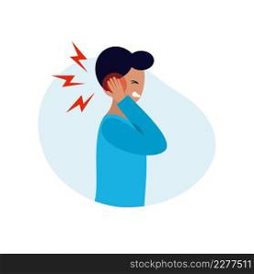 The man has an earache. Otitis media in the ear. Symptoms of hearing aid diseases. Vector character in a flat style.