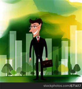 The man in a suit. Businessman with a briefcase on the background of the city. Business, success concept. Vector illustration. Businessman with a briefcase on the background of the city. Business, success concept. Vector illustration