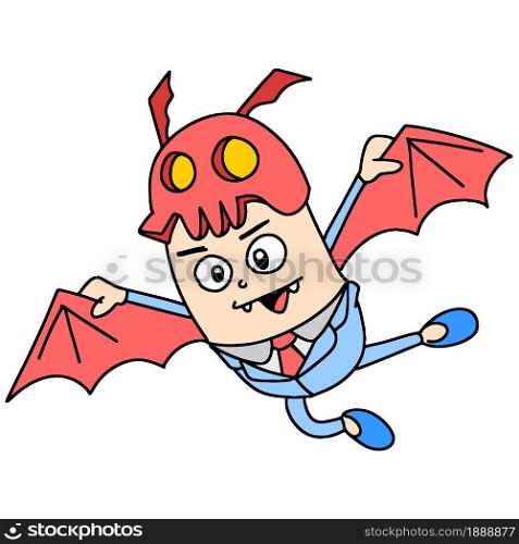 the man in the bat costume flew with wings. cartoon illustration sticker mascot emoticon