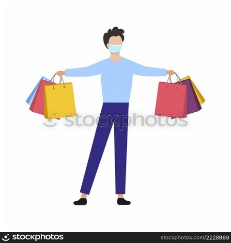 The man in the mask with the shopping bags. Vector character in a flat style. Precautions for covid19 coronavirus