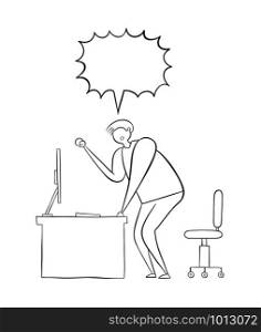 The man is at the computer desk and yelling frustrated. Vector illustration. Black outlines and white background.