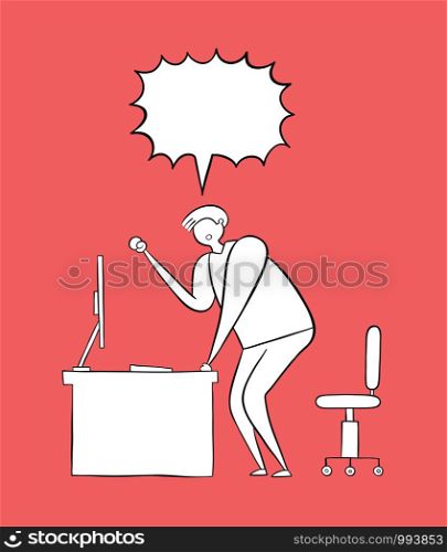 The man is at the computer desk and yelling frustrated. Vector illustration. White and black outlines and colored background.