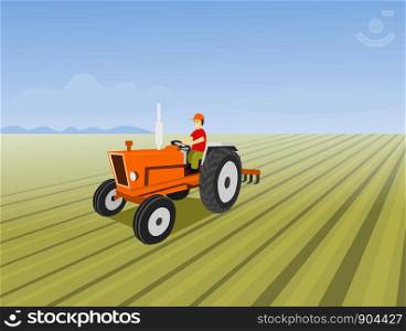 The man is driving a orange tractor. In order to plow the soil in the field. Have a blue sky background