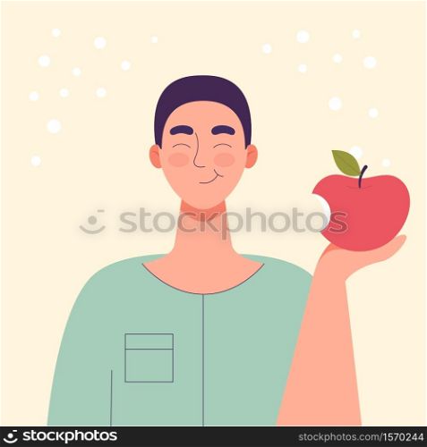 The man is eating an apple. Diet food, healthy lifestyle, vegetarian food, raw food diet. Student snack. Flat cartoon vector illustration.