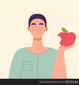 The man is eating an apple. Diet food, healthy lifestyle, vegetarian food, raw food diet. Student snack. Flat cartoon vector illustration.