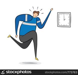 The man is late and running, hand-drawn vector illustration. Black outlines and colored.