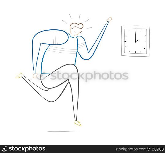 The man is late and running, hand-drawn vector illustration. Color outlines and white background.