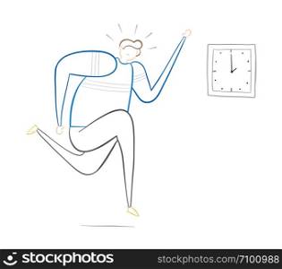 The man is late and running, hand-drawn vector illustration. Color outlines and white background.