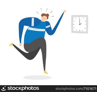 The man is late and running, hand-drawn vector illustration. Colored flat style.