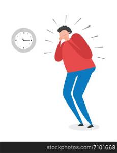 The man is looking at the clock and is very stressed, hand-drawn vector illustration. Colored flat style.