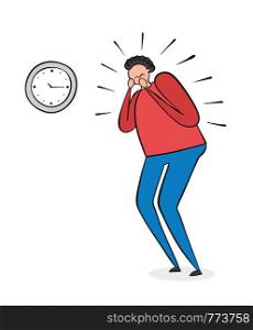 The man is looking at the clock and is very stressed, hand-drawn vector illustration. Black outlines and colored.