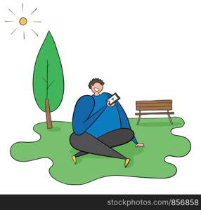 The man is sitting on the grass in the park, the weather is sunny, he has the mobile phone in his hand and watching video. Black outlines and colored.