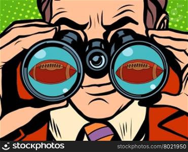 The man is watching American football pop art retro style. Hunger and food. Man looking through binoculars. A sports ball. Sporting goods. The man is watching American football