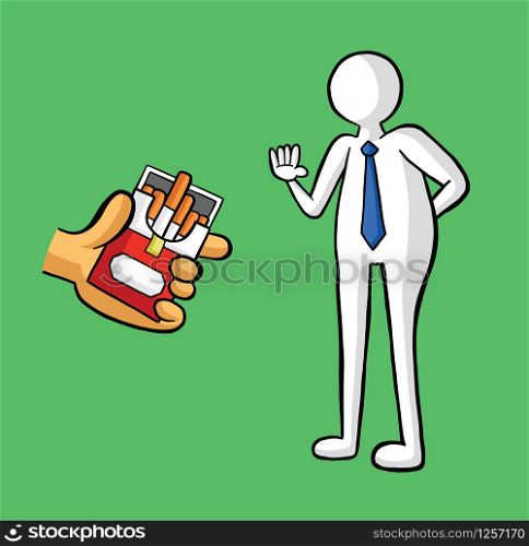 The man offers cigarettes and the businessman refuses vector illustration. Black outlines and colored, white background.