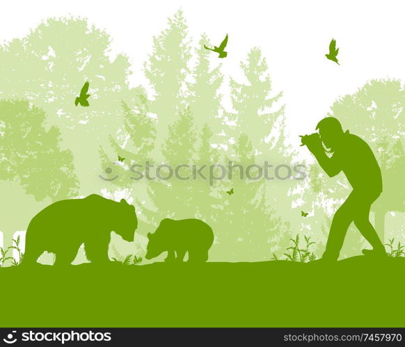 The man photographs bears in the forest. Wildlife protection and ecology concept. Vector illustration