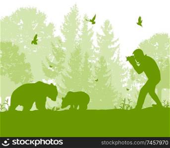 The man photographs bears in the forest. Wildlife protection and ecology concept. Vector illustration