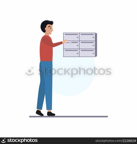 The man puts an envelope with a letter in the mailbox. Vector flat cartoon character. The concept of mail delivery, delivery of orders.