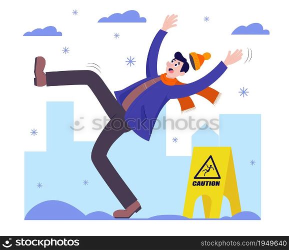 The man slips and falls on the ice. A sign of caution. Vector illustration.