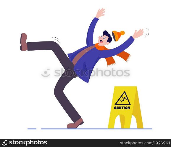 The man slips and falls on the wet floor. A sign of caution. Vector illustration.