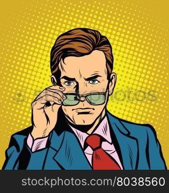 The man takes off his glasses pop art retro vector realistic hand drawing illustration. The man takes off his glasses