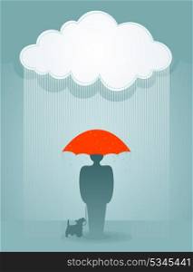 The man under a rain with a dog. A vector illustration