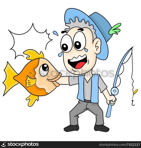 the man was fishing but was bitten. cartoon illustration sticker emoticon