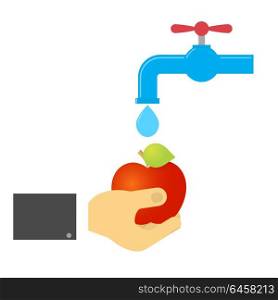 The man washes the apple under the tap. . The man washes the apple under the tap. Vector illustration .