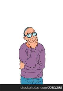 The man with glasses is thinking. The clever man reflects, intellectual work. Comic cartoon modern style hand contour illustration. The man with glasses is thinking. The clever man reflects, intellectual work