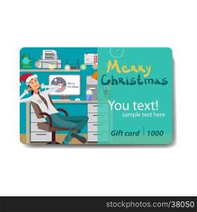 The manager in the office decorated for Christmas. Sale discount gift card. Branding design for the gift shop and holiday sales