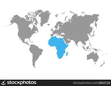 The map of Africa is highlighted in blue on the world map. Vector. The map of Africa is highlighted in blue on the world map