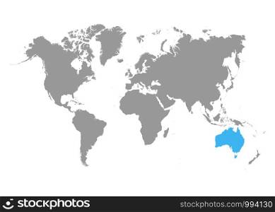 The map of Australia is highlighted in blue on the world map. Vector. The map of Australia is highlighted in blue on the world map