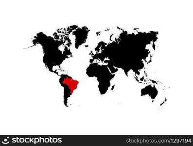 The map of Brazil is highlighted in red on the world map - Vector illustration. The map of Brazil is highlighted in red on the world map - Vector