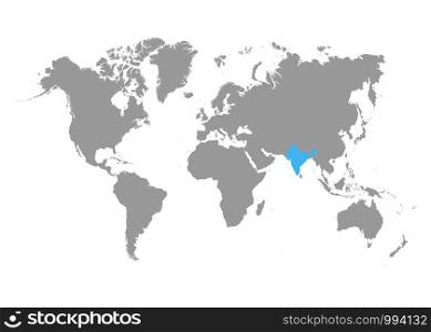 The map of India is highlighted in blue on the world map. Vector. The map of India is highlighted in blue on the world map