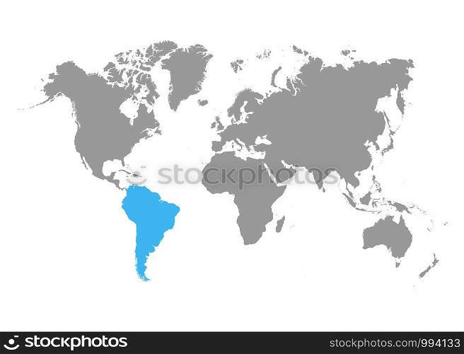 The map of South America is highlighted in blue on the world map. Vector. The map of South America is highlighted in blue on the world map