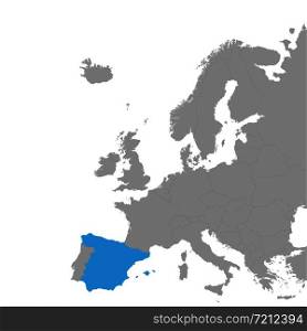 The map of Spain is highlighted in blue on the map of Europe. Vector