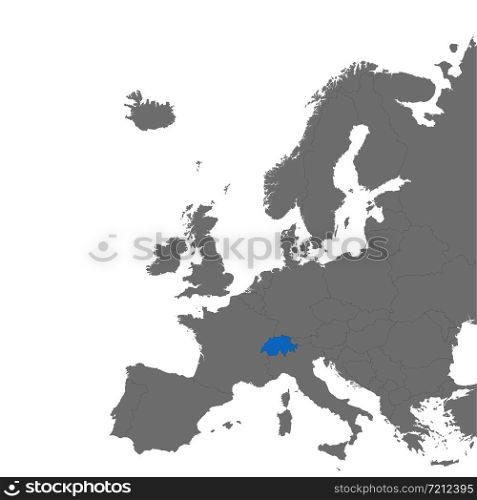 The map of Switzerland is highlighted in blue on the map of Europe. Vector