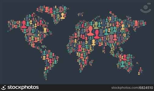 The map of the world made of plenty people silhouettes. Collection of different people portraits placed as world map shape. World map made out of large group of people silhouettes