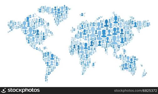 The map of the world made of plenty people silhouettes. Collection of different people portraits placed as world map shape. World map made out of large group of people silhouettes. Blue colors