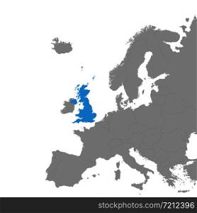 The map of UK is highlighted in blue on the map of Europe. Vector