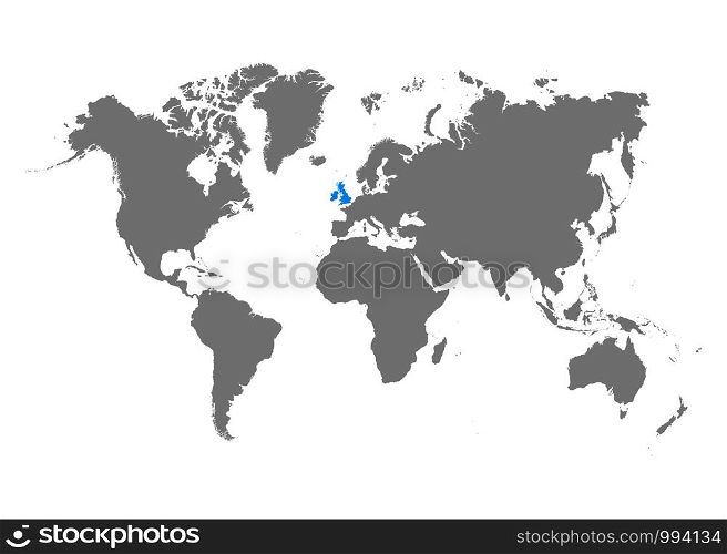 The map of United Kingdom is highlighted in blue on the world map. Vector. The map of United Kingdom is highlighted in blue on the world map