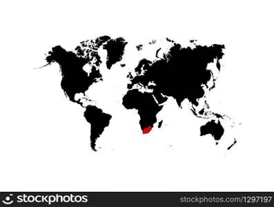 The map South Africa of is highlighted in red on the world map - Vector illustration. The map South Africa of is highlighted in red on the world map - Vector
