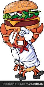the mascot character of a lobster works as a professional chef posing with a big and delicious hamburger of illustration