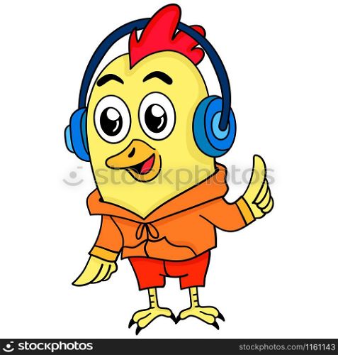 the mascot chick is wearing a headset. cartoon illustration cute sticker