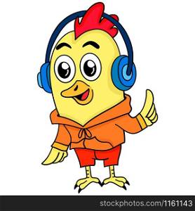 the mascot chick is wearing a headset. cartoon illustration cute sticker