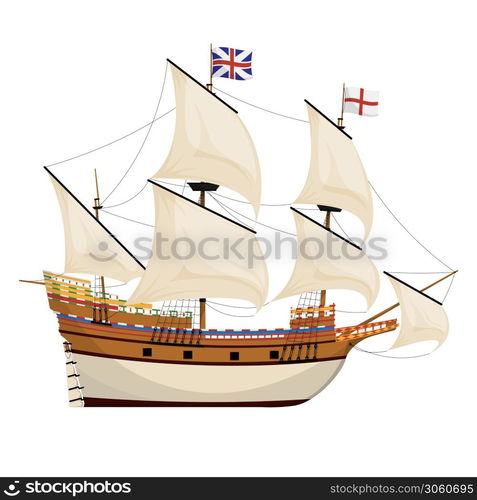 The Mayflower ship. Piligrim ship. Cartoon vector illustration for Thanksgiving day holiday.