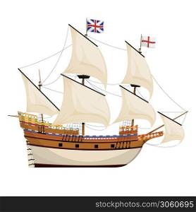 The Mayflower ship. Piligrim ship. Cartoon vector illustration for Thanksgiving day holiday.