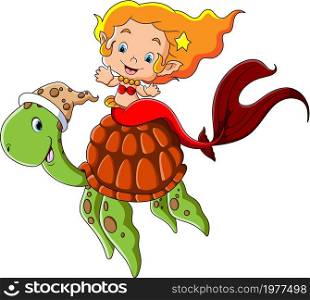 The mermaid is sitting on the shell of the turtle