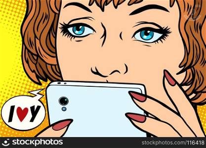 The message in phone, communication and conversation. Pop art woman I love you. Comic book cartoon retro color illustration drawing. The message in phone, woman I love you
