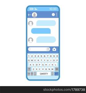 The messenger window on the phone screen. Online communication with the chatbot in the smartphone app. User interface. Vector illustration.. The messenger window on the phone screen. Online communication with the chatbot in the smartphone app. User interface. Vector illustration